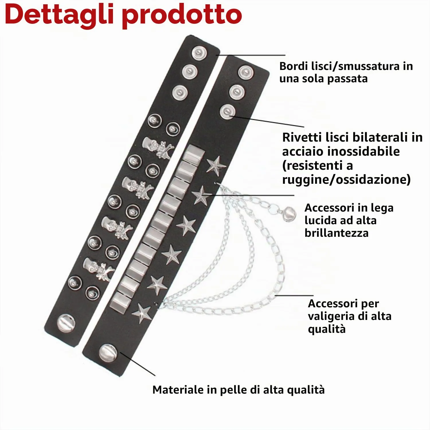 Fenglin-joy Punk Bracciale, 2Pcs Braccialetti Borchie Punk in Pelle PU Catena Nera Regolabili per Uomini e Donne - immagine 3