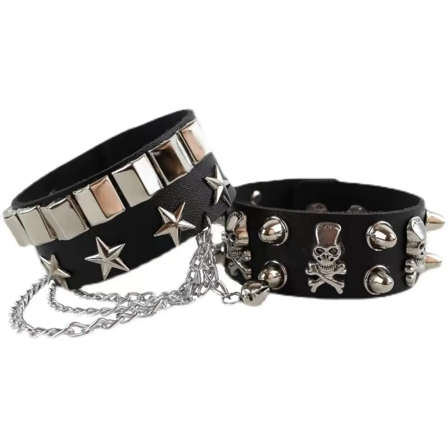 Fenglin-joy Punk Bracciale, 2Pcs Braccialetti Borchie Punk in Pelle PU Catena Nera Regolabili per Uomini e Donne - immagine 4