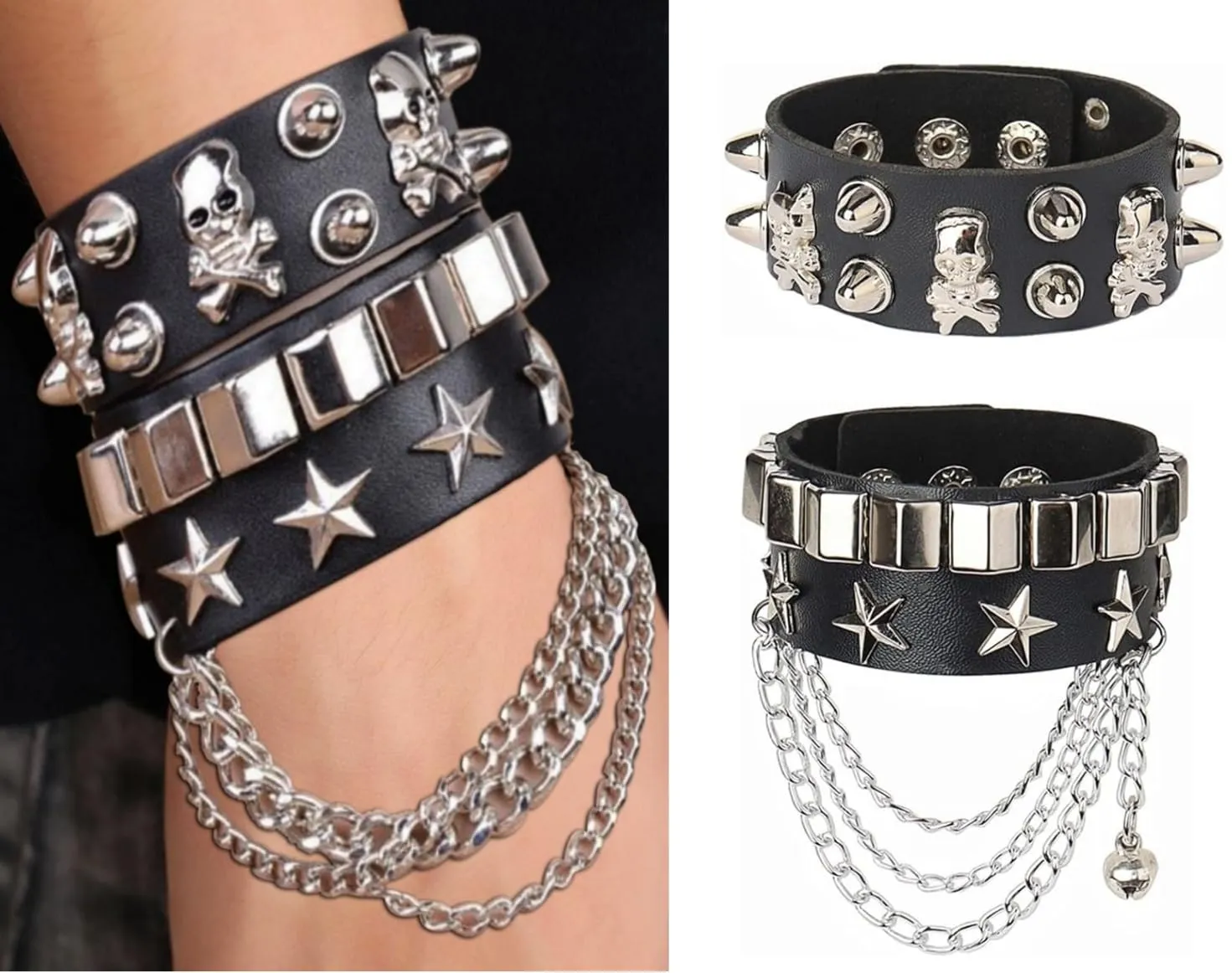 Fenglin-joy Punk Bracciale, 2Pcs Braccialetti Borchie Punk in Pelle PU Catena Nera Regolabili per Uomini e Donne - immagine 5