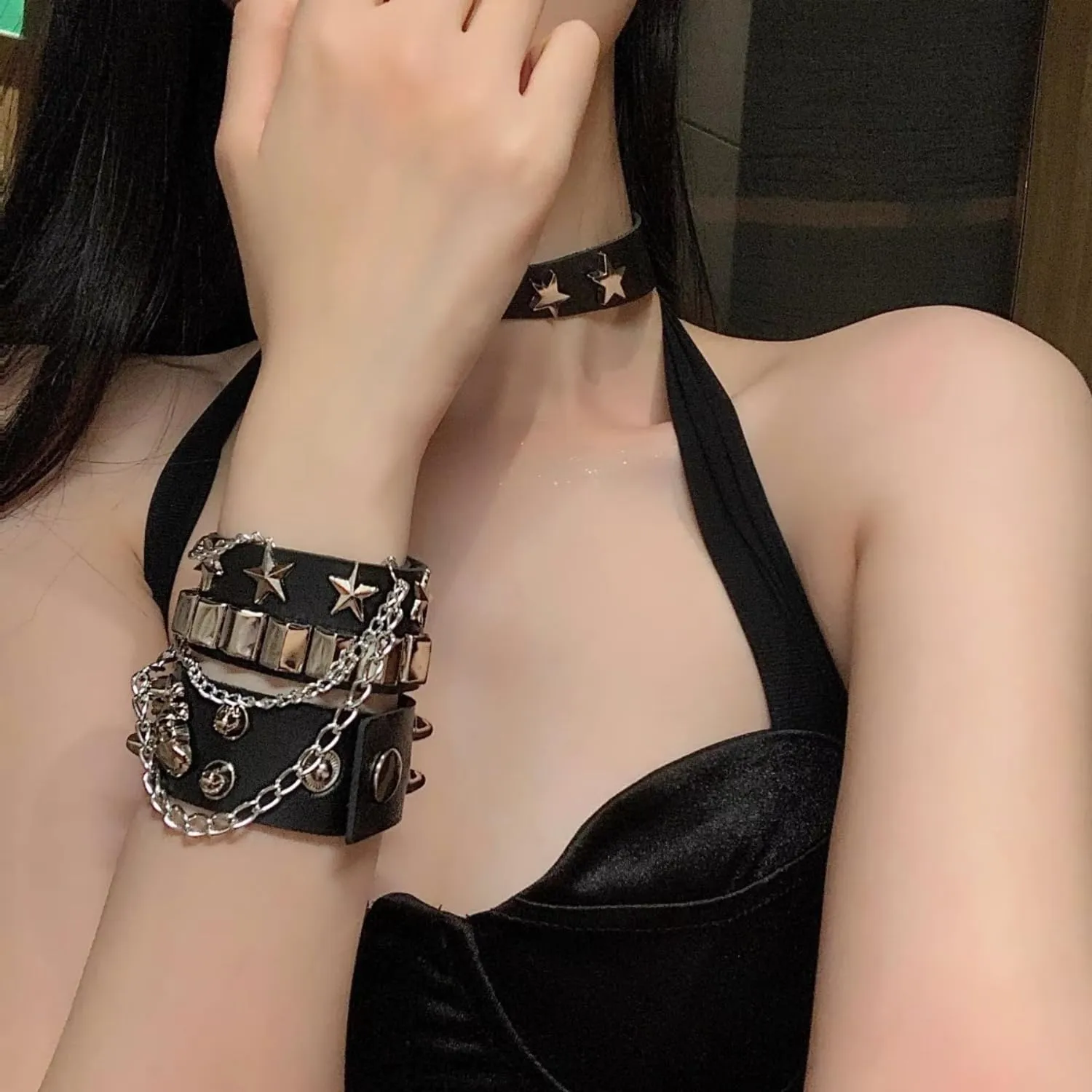 Fenglin-joy Punk Bracciale, 2Pcs Braccialetti Borchie Punk in Pelle PU Catena Nera Regolabili per Uomini e Donne - immagine 6