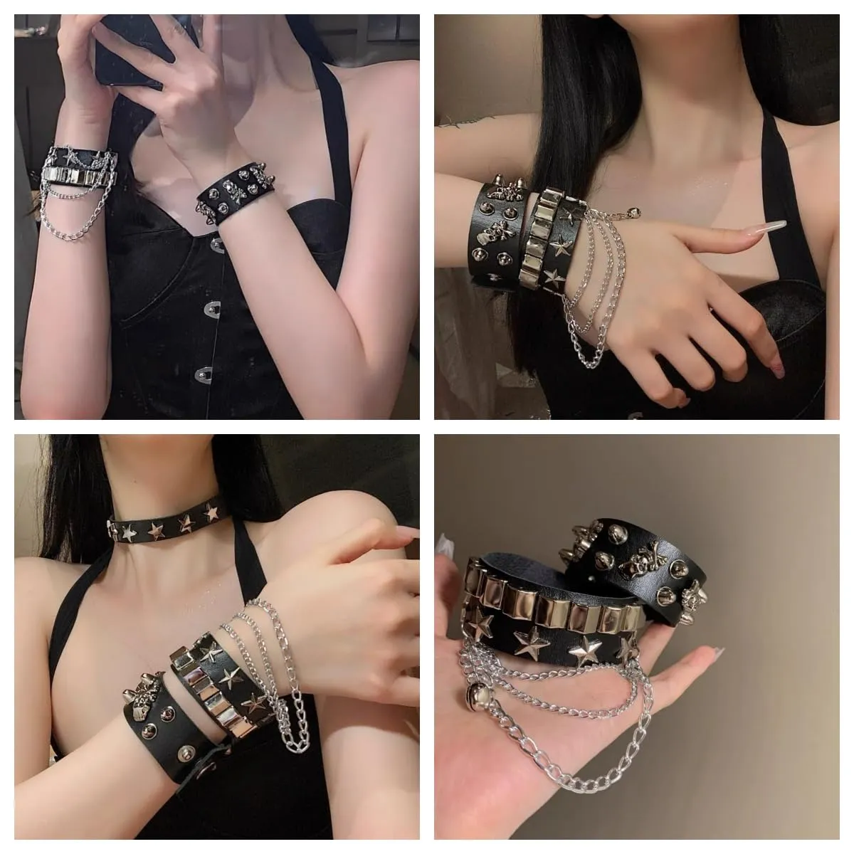 Fenglin-joy Punk Bracciale, 2Pcs Braccialetti Borchie Punk in Pelle PU Catena Nera Regolabili per Uomini e Donne - immagine 7