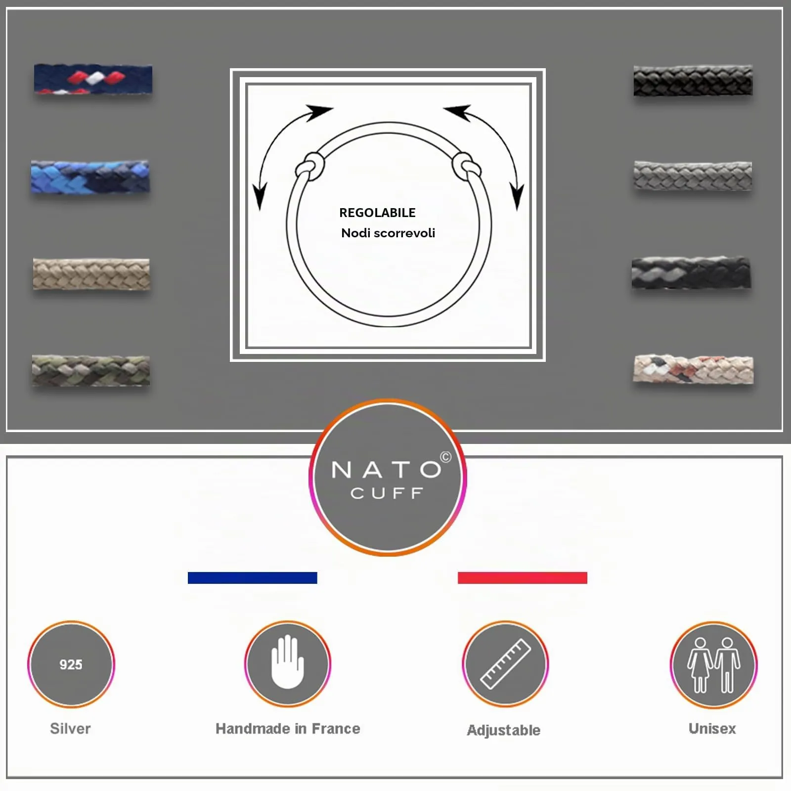 Nato Cuff - Bracciale Paracord 2mm - Fatto a mano in Francia - Gioiello Uomo o Donna regolabile (Grigio) - immagine 6