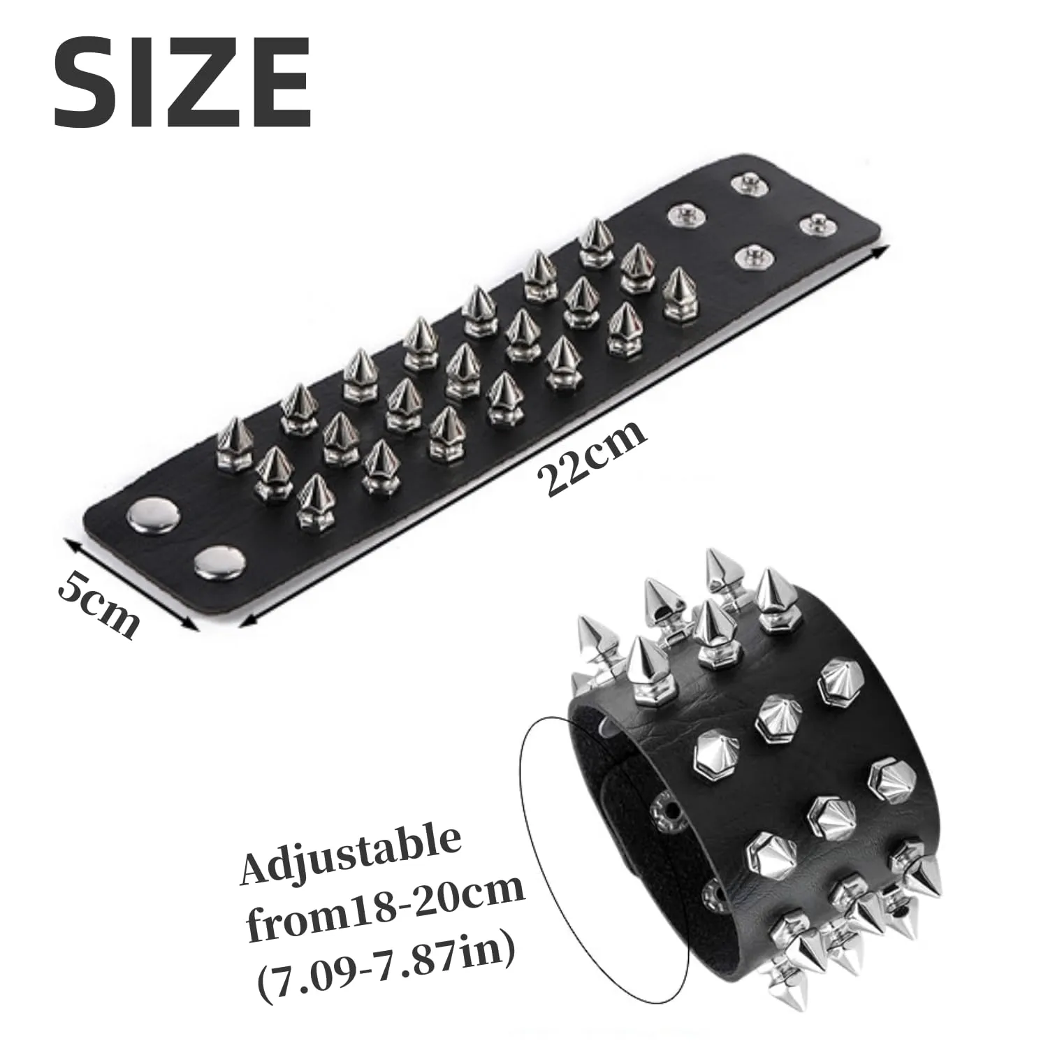 Fenglin-joy Punk Bracciale borchiato, 2 pezzi borchiati Bracciale in pelle nera gotica Bangle Rock Bracciale Set, bracciale regolabile per uomini donne Cosplay Party - immagine 2