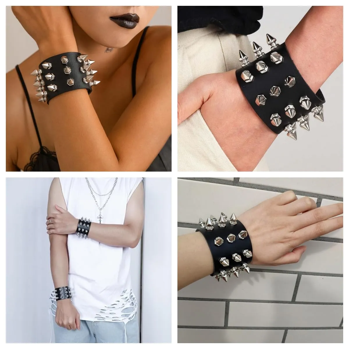 Fenglin-joy Punk Bracciale borchiato, 2 pezzi borchiati Bracciale in pelle nera gotica Bangle Rock Bracciale Set, bracciale regolabile per uomini donne Cosplay Party - immagine 7