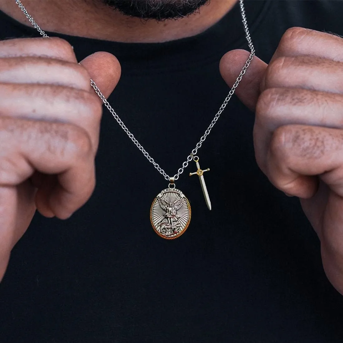 KUMSODE Collana con Ciondolo Scudo Spada per Uomo, Collana San Michele Arcangelo Ciondolo Protezione Angelo Custode Amuleto Regalo Gioielli per Uomo Donna - immagine 3