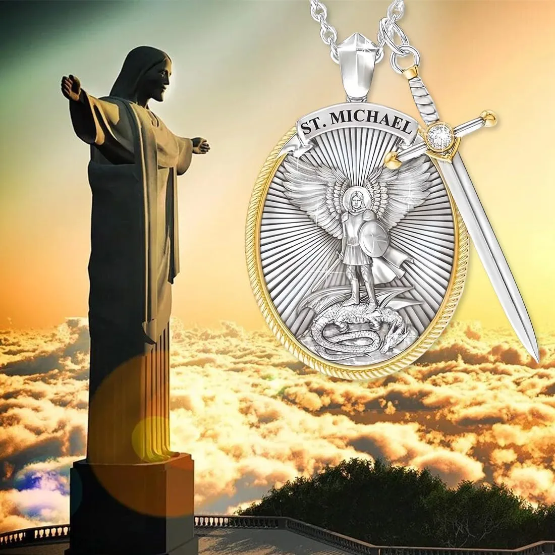 KUMSODE Collana con Ciondolo Scudo Spada per Uomo, Collana San Michele Arcangelo Ciondolo Protezione Angelo Custode Amuleto Regalo Gioielli per Uomo Donna - immagine 6
