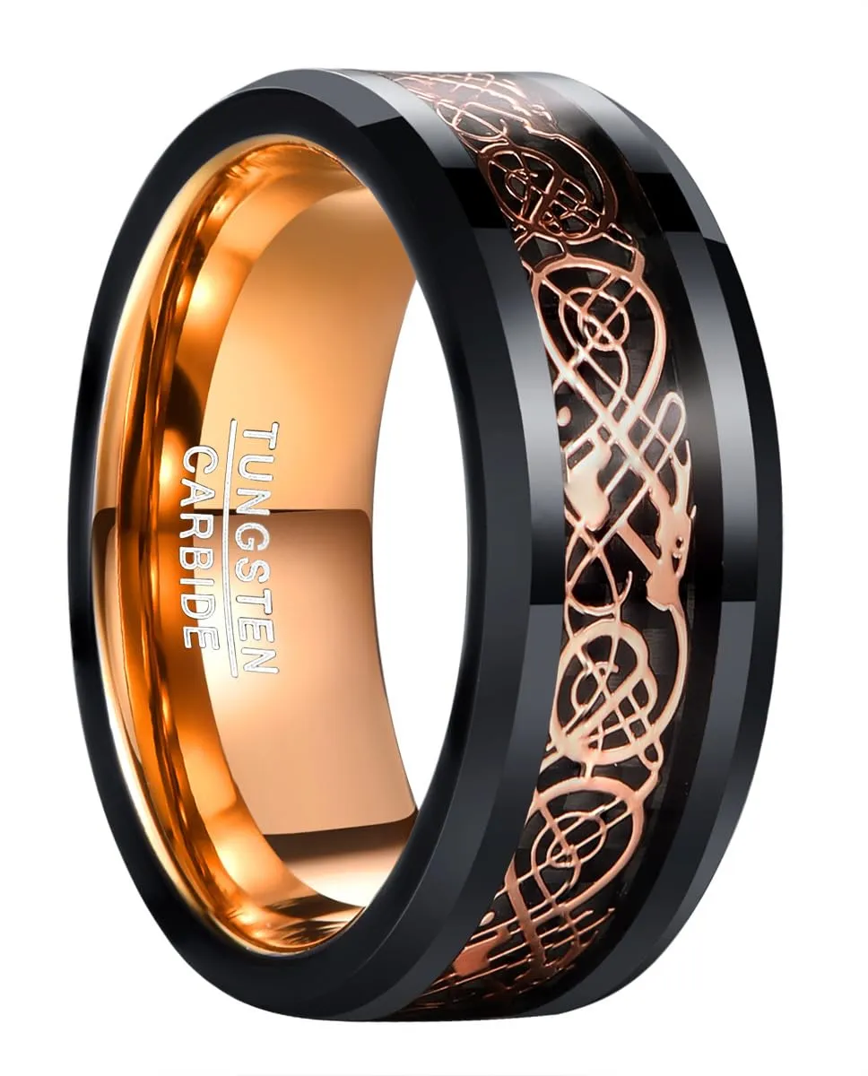 083BASE Anello da uomo in tungsteno con motivo drago, larghezza 8 mm, inserto con zirconi, disponibile in blu, nero e rosso, anello in carburo di tungsteno per uomini, 53(17) - immagine 1