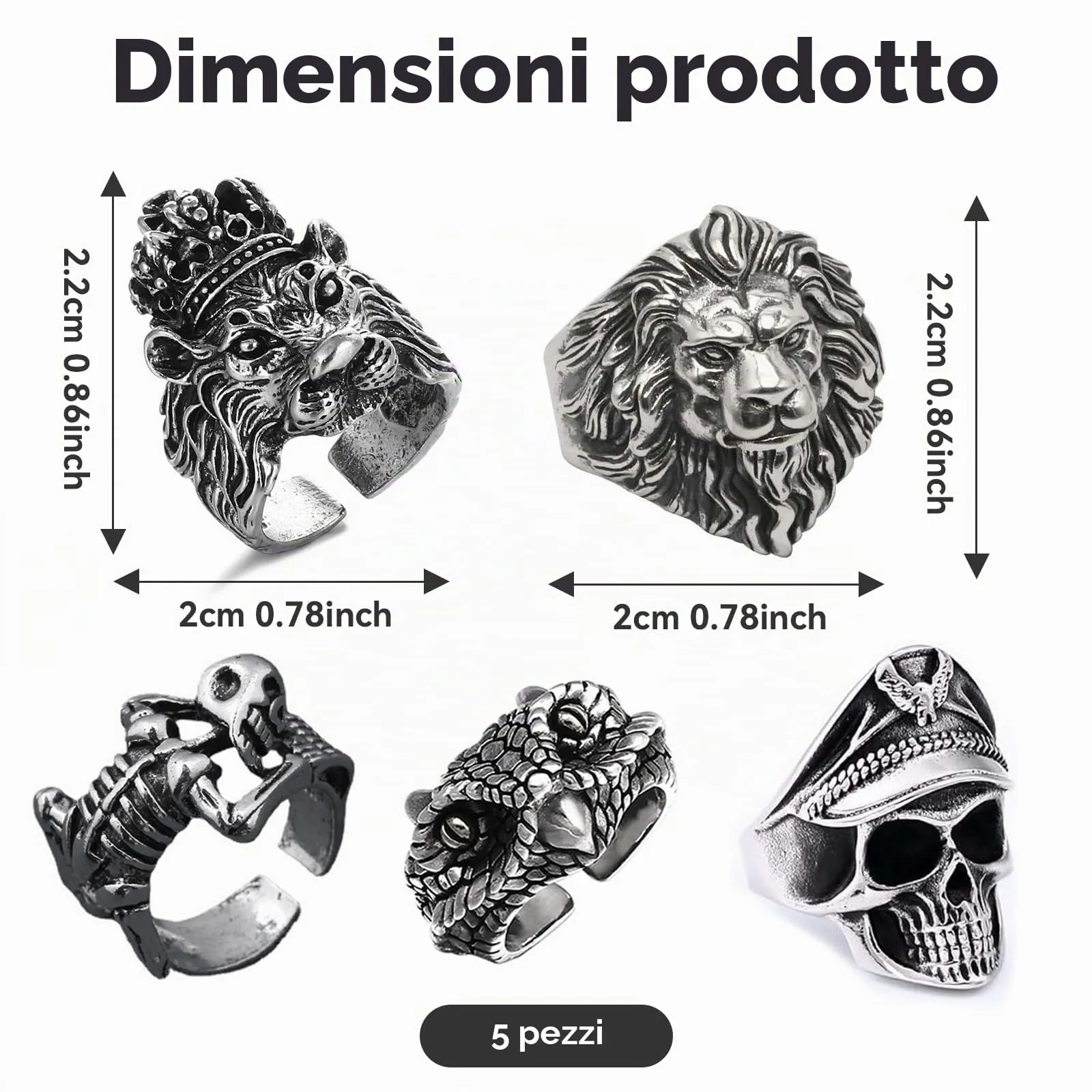 yolzhxe 5 Pezzi Anelli Uomo, Regolabili Teschio Anelli, Acciaio Inossidabile Vintage Gotico Teschio Anello, Punk Hip Hop Skull Halloween Anello per Halloween e Feste a Tema - immagine 2
