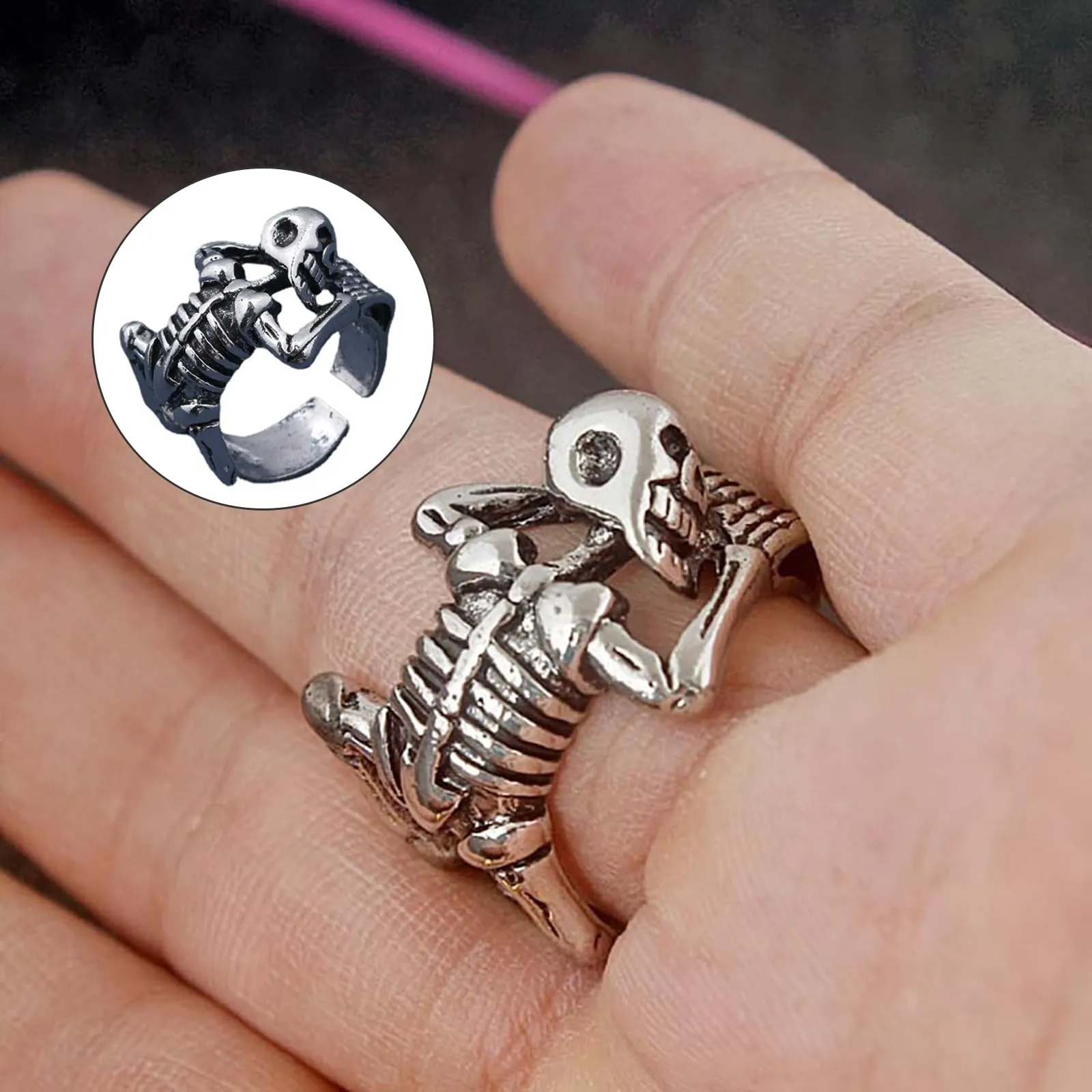 yolzhxe 5 Pezzi Anelli Uomo, Regolabili Teschio Anelli, Acciaio Inossidabile Vintage Gotico Teschio Anello, Punk Hip Hop Skull Halloween Anello per Halloween e Feste a Tema - immagine 3