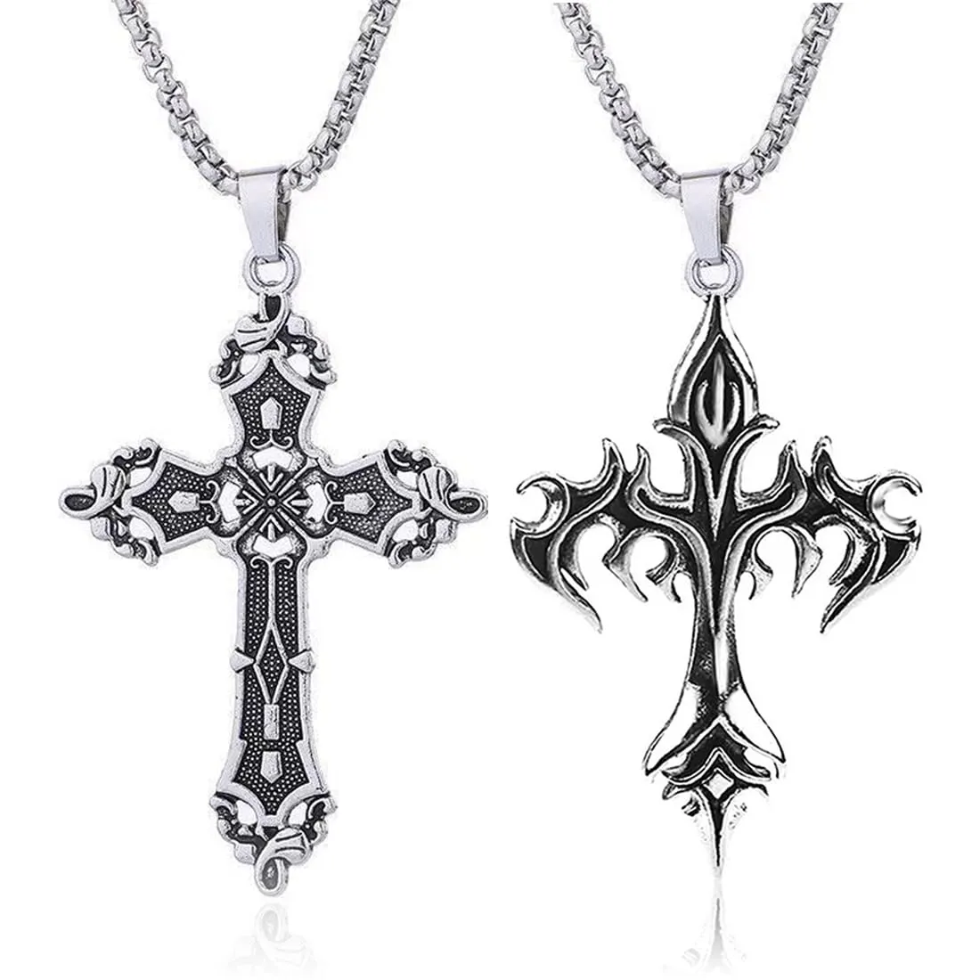 KIRZAX 2 pezzi di uomini croce collana in acciaio inox catena semplice gioielli regalo Moda maschile ciondolo catena d'argento nero collana - immagine 1