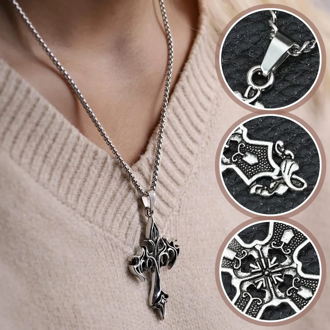 KIRZAX 2 pezzi di uomini croce collana in acciaio inox catena semplice gioielli regalo Moda maschile ciondolo catena d'argento nero collana - immagine 3