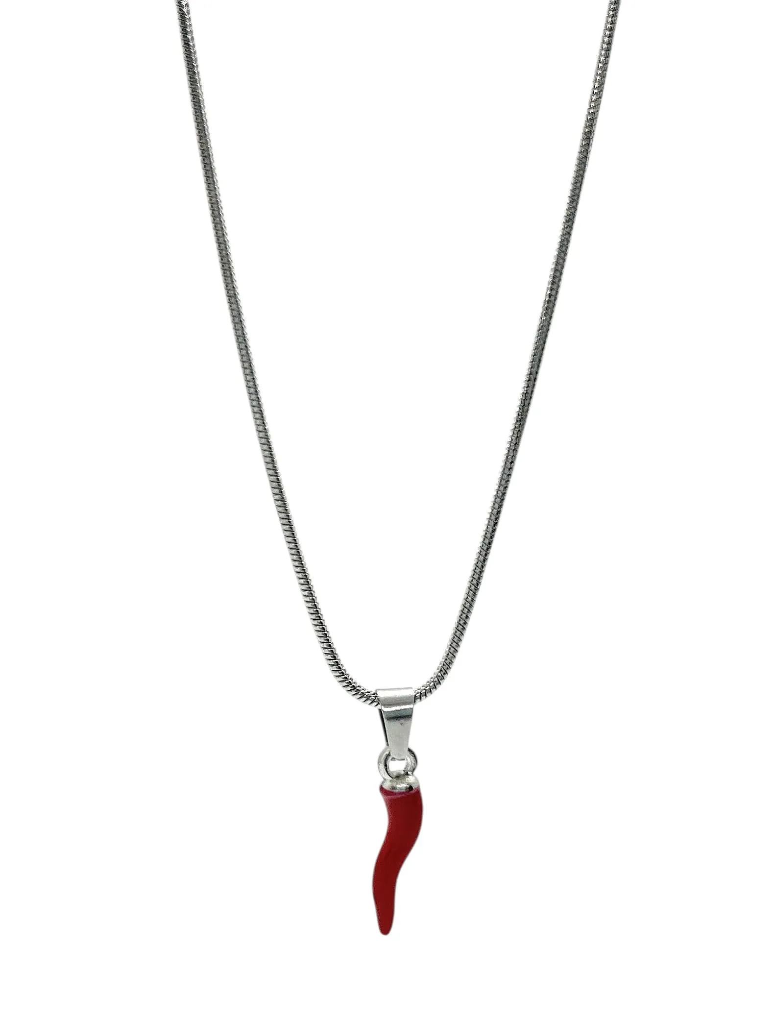 SiLo Bijoux Collana Donna Uomo Catena coda di Topo in Acciaio inox 316L con Ciondolo Corno Cornetto Rosso Peperoncino inossidabile anallergico (SILVER) - immagine 1