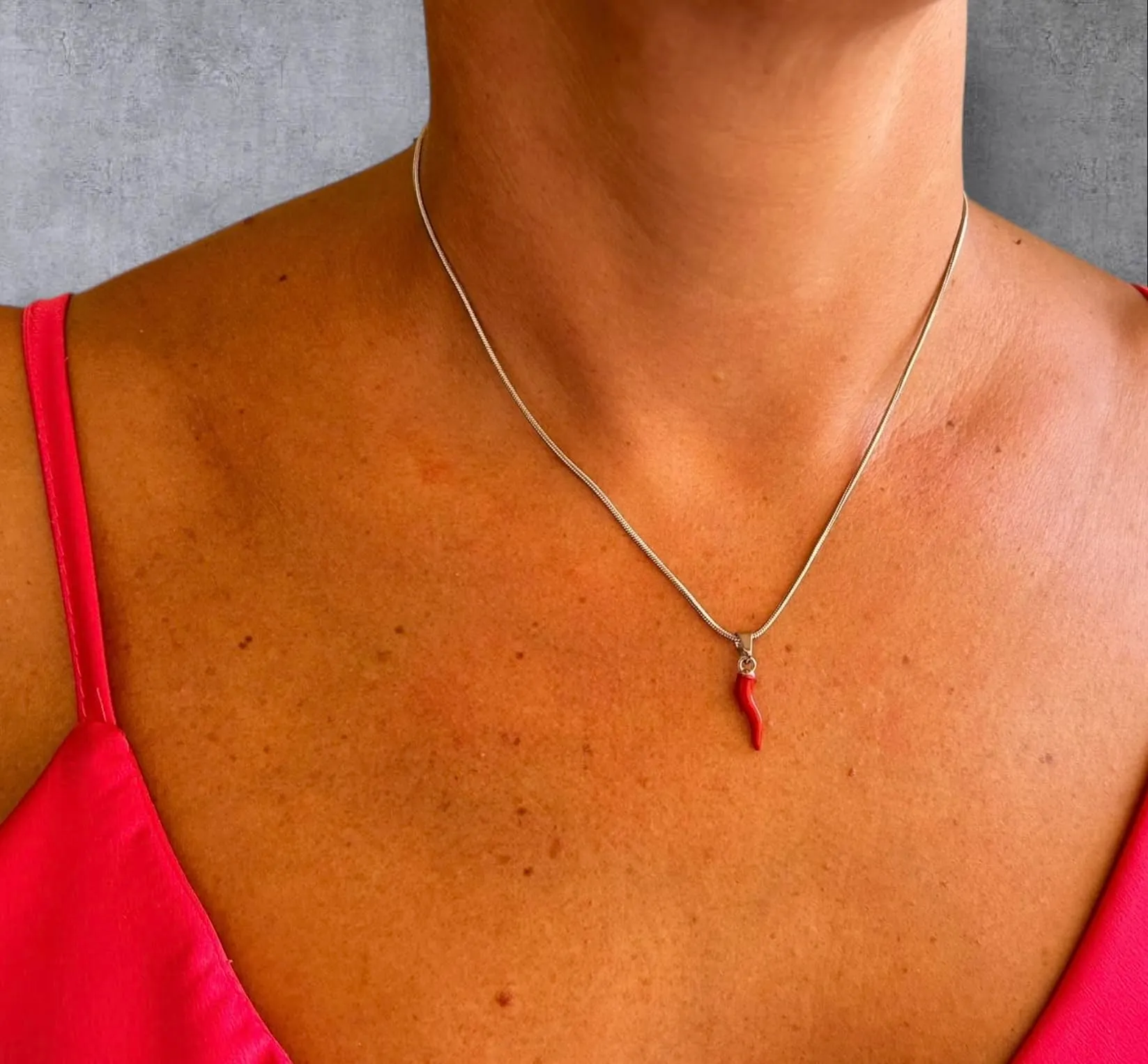SiLo Bijoux Collana Donna Uomo Catena coda di Topo in Acciaio inox 316L con Ciondolo Corno Cornetto Rosso Peperoncino inossidabile anallergico (SILVER) - immagine 2