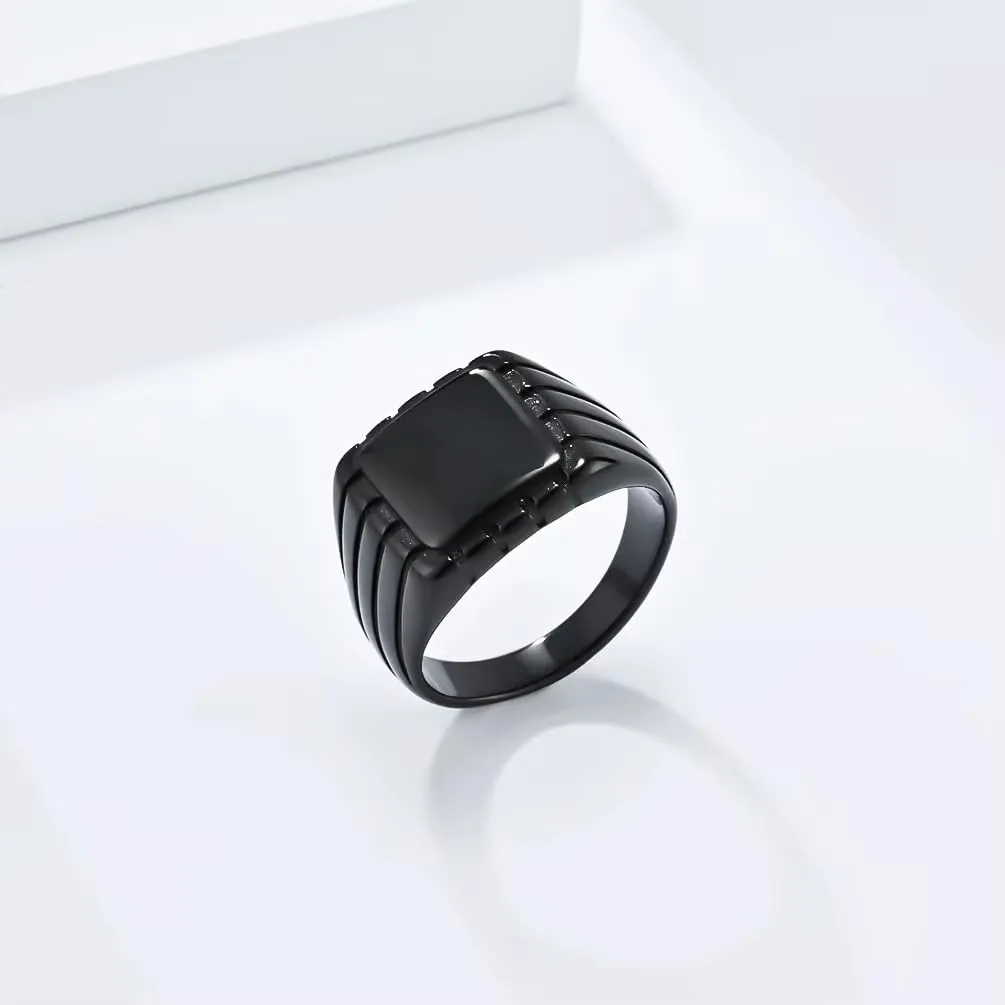 Cadoline Anello con sigillo da uomo in acciaio inossidabile con motivo 15 mm, nero, taglia 8 - immagine 3