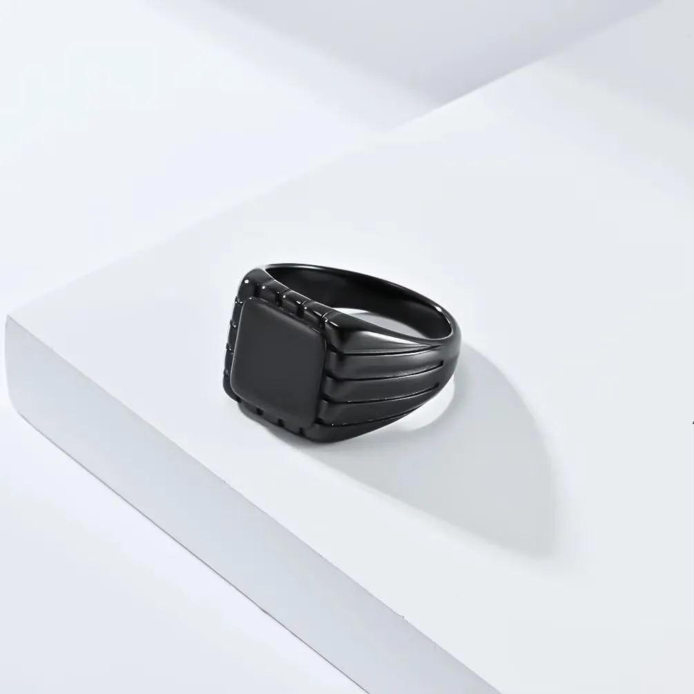 Cadoline Anello con sigillo da uomo in acciaio inossidabile con motivo 15 mm, nero, taglia 8 - immagine 4