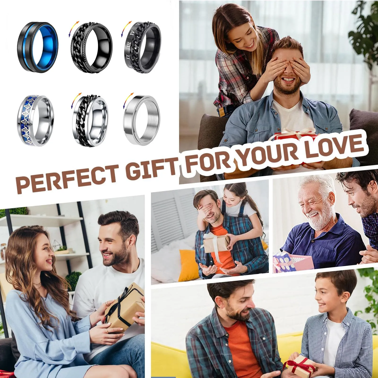 Uwiyo 6 pezzi Anelli girevoli per uomo e donna, anelli in acciaio inossidabile per alleviare l'ansia, anello con catena girevole per uomo e ragazzo, regalo per la festa del papà, Natale (6) - immagine 6