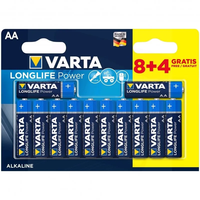 Varta Longlife Power, Batteria Alcalina, AA, Mignon, LR6, 1.5V, Blister da 8+4, Made in Germany - immagine 1