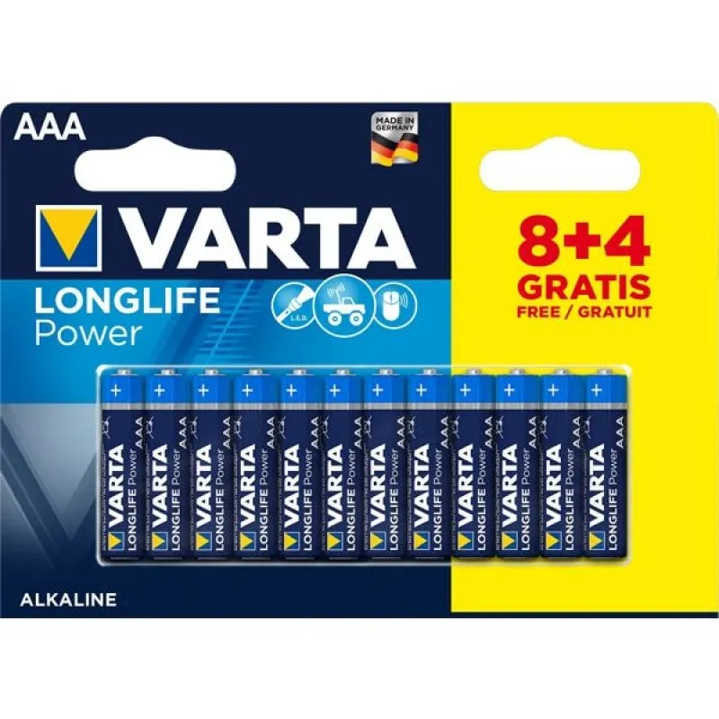 Varta Longlife Power, Batteria Alcalina, AAA, Micro, LR03, 1.5V, Blister da 8+4, Made in Germany - immagine 1