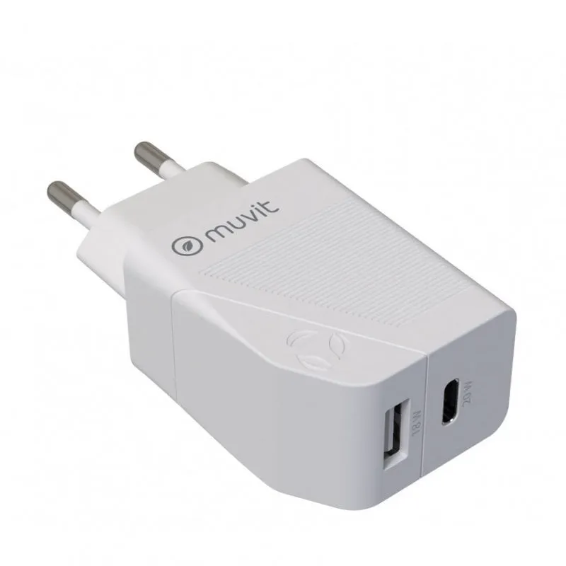 Caricabatterie USB Ricarica Rapida Muvit 18W +1 USB-C 20W Bianco - immagine 1
