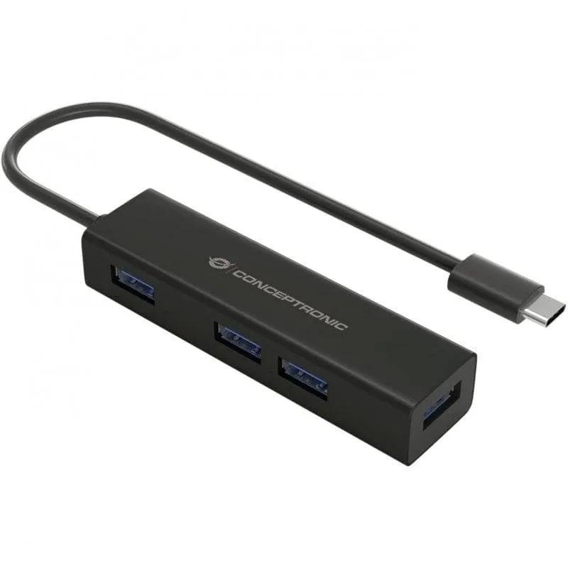 Hub USB Conceptronic HUBBIES07B 4x USB 3.0 Alluminio Nero Type-C - immagine 1