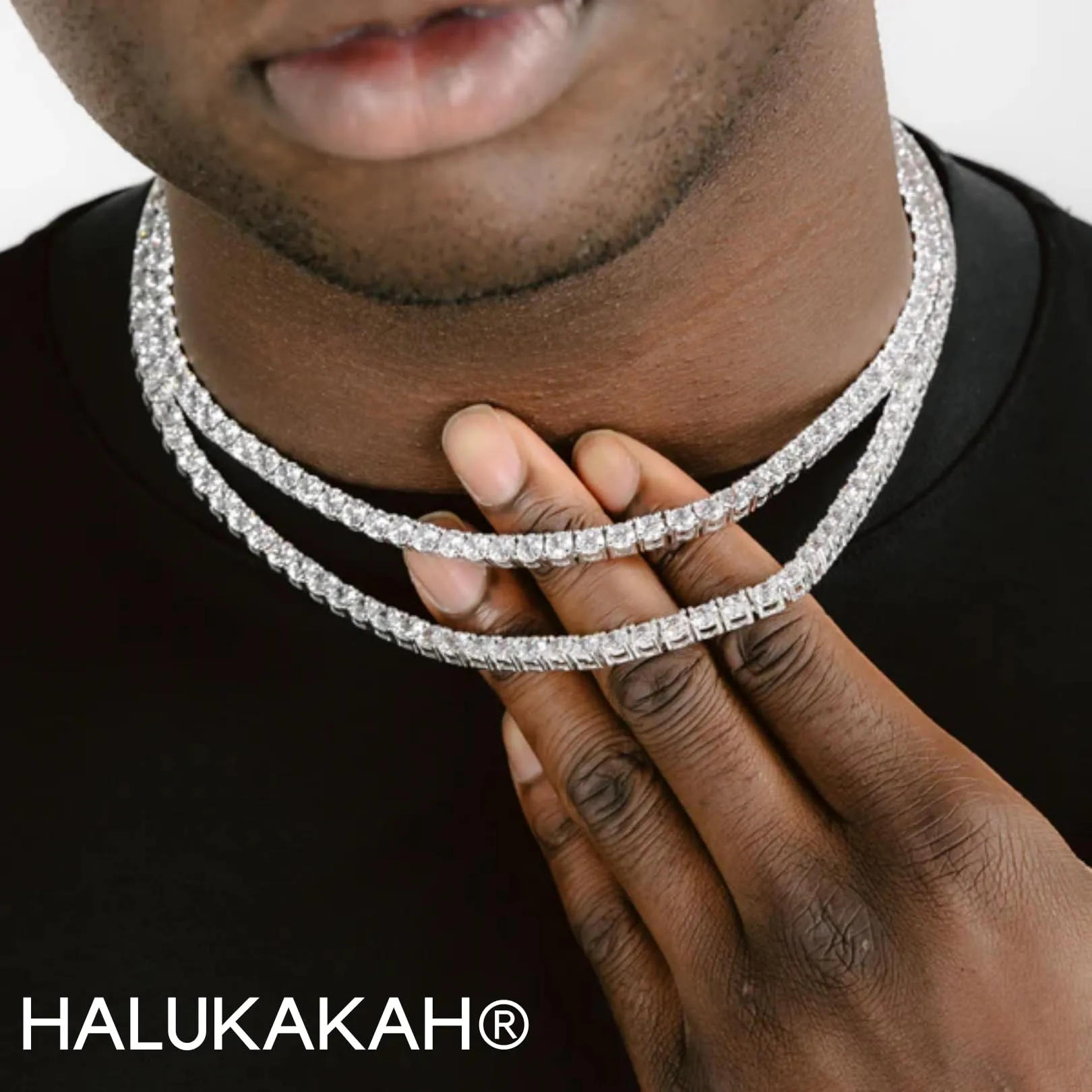 HALUKAKAH Catena in Oro Iced out,5.5MM Catena da Tennis da Uomo Platino Placcato in Oro Bianco Collana Girocollo 60cm,Diamanti da Laboratorio Set a Mano,Regalo per Lui - immagine 2
