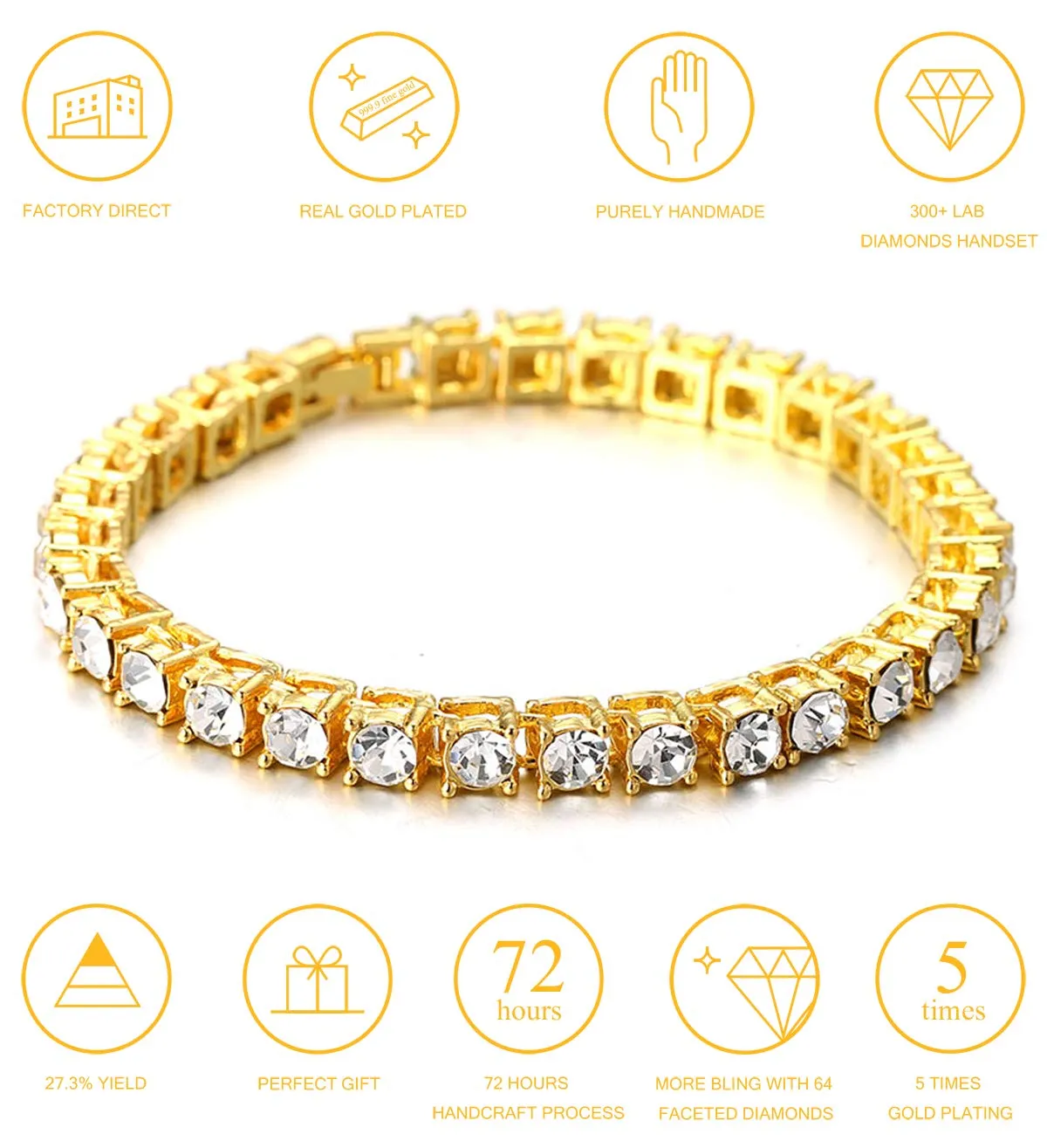 HALUKAKAH Catena in Oro Iced out,5.5MM Catena da Tennis da Uomo Placcato in Oro 18 Carati Braccialetto 20cm,Diamanti da Laboratorio Set a Mano,Regalo per Lui - immagine 3