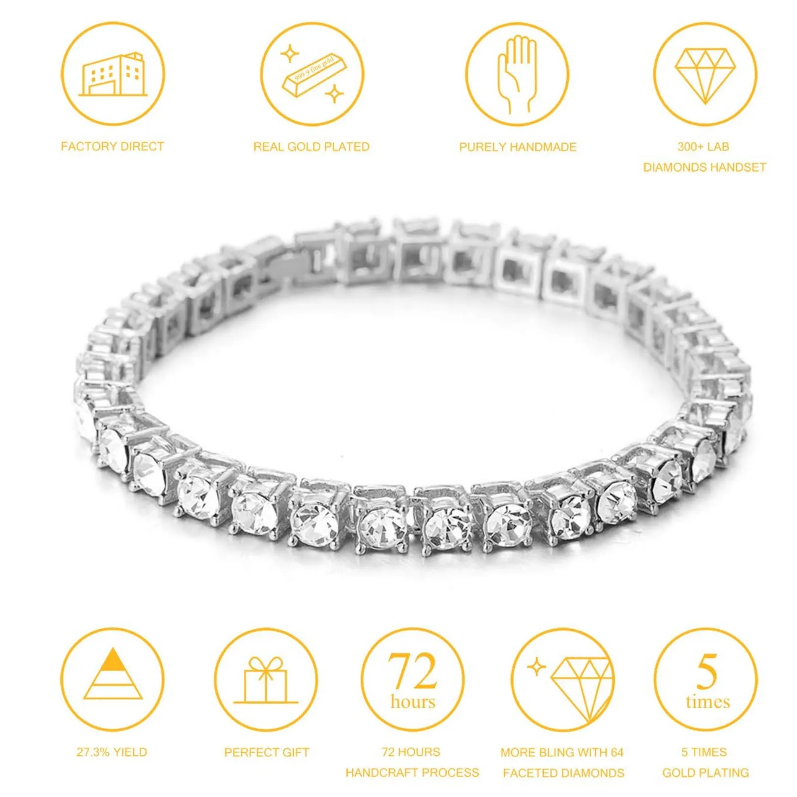 HALUKAKAH Catena in Oro Iced out,5.5MM Catena da Tennis da Uomo Platino Placcato in Oro Bianco Braccialetto 20cm,Diamanti da Laboratorio Set a Mano,Regalo per Lui - immagine 6
