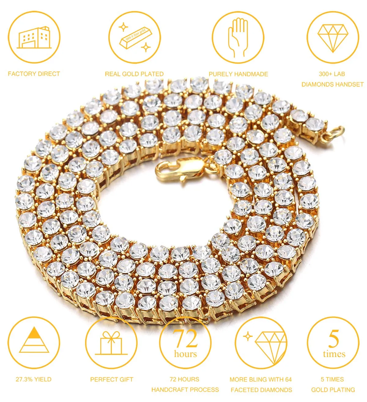 HALUKAKAH Catena in Oro Iced out,5.5MM Catena da Tennis da Uomo Placcato in Oro 18 Carati Collana Girocollo 60cm,Diamanti da Laboratorio Set a Mano,Regalo per Lui - immagine 2