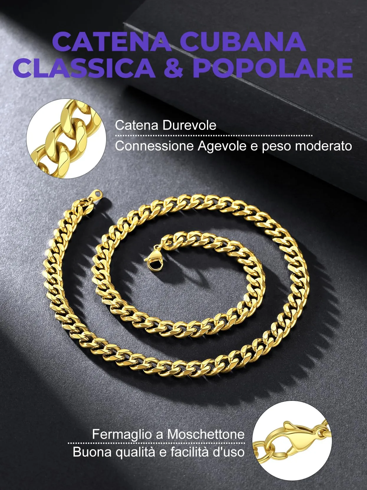 Richsteel Collana a Maglie a Catena Cubana Larghezza 3MM/6MM/9MM/12MM Lunghezza 18"/22"/26"/28"/30" Collana Unisex con Catena di Cordoli per Gioielli Placcata Oro/Nero/Acciaio Inossidabile - immagine 3