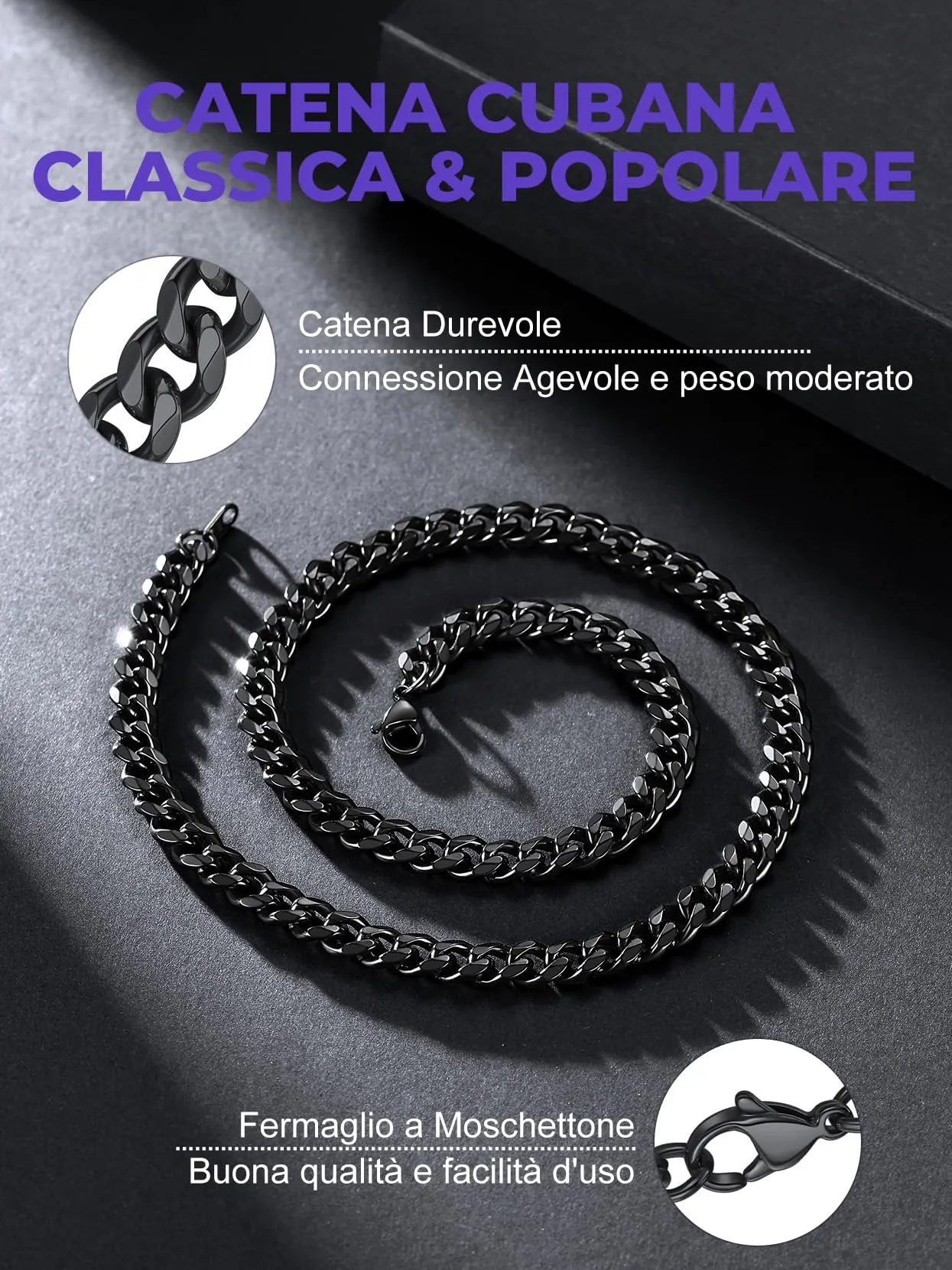 Collana a maglie a catena cubana, catena a cordolo con bordi curvi larghi 9MM, chiusura a moschettone, lunghezza 76 cm (30 "), collana unisex con gioielli in acciaio inossidabile placcato nero - immagine 3