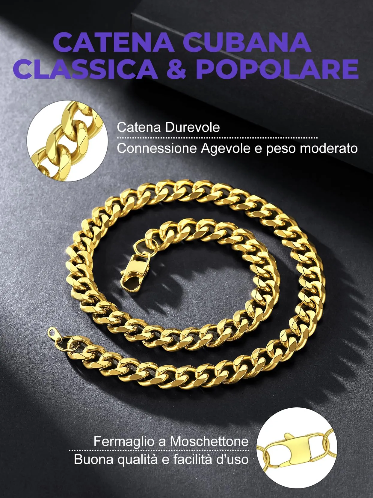 Richsteel Collana a Maglie a Catena Cubana Larghezza 3MM/6MM/9MM/12MM Lunghezza 18"/22"/26"/28"/30" Collana Unisex con Catena di Cordoli per Gioielli Placcata Oro/Nero/Acciaio Inossidabile - immagine 3