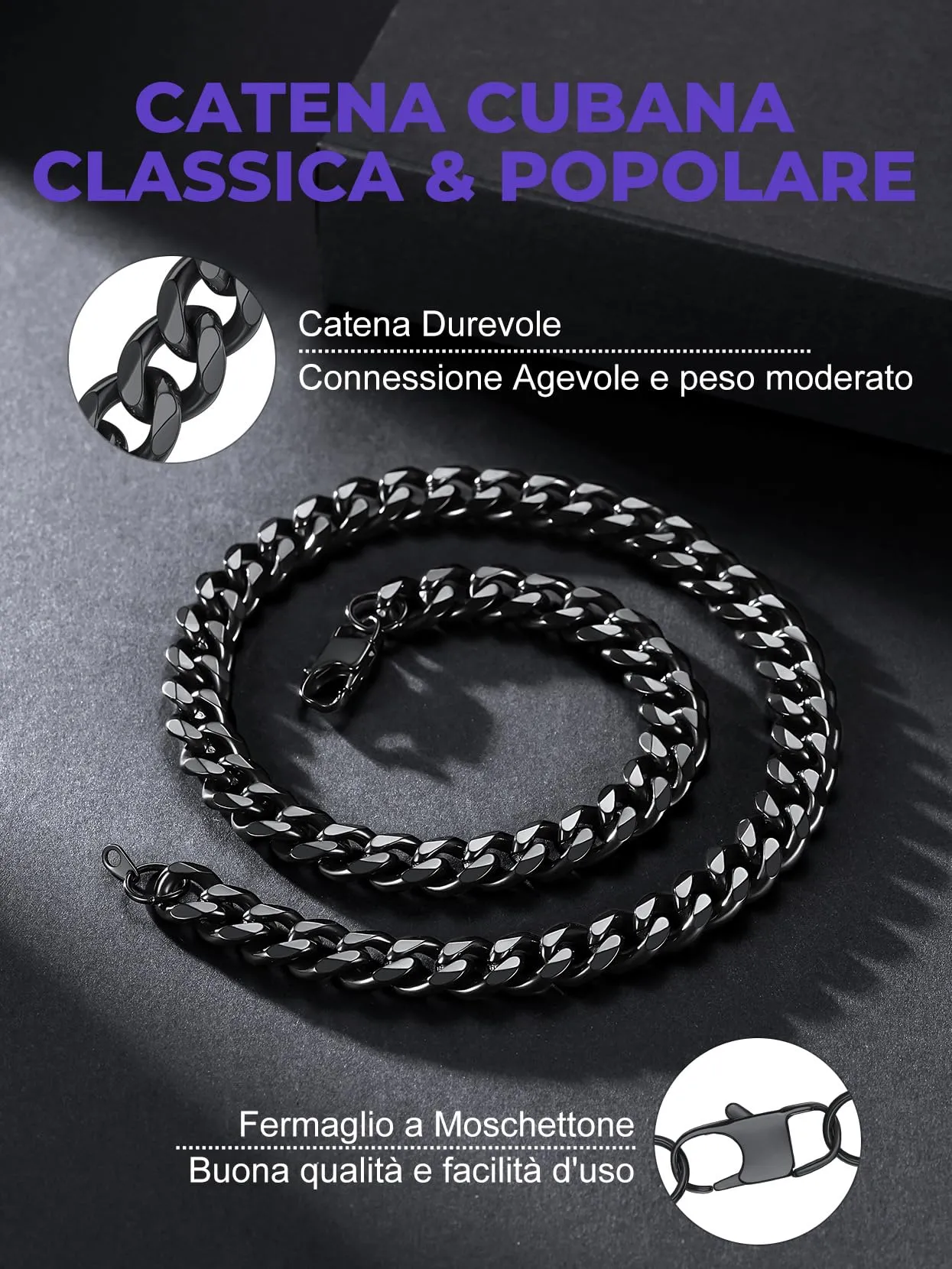 Richsteel Collana a Maglie a Catena Cubana Larghezza 3MM/6MM/9MM/12MM Lunghezza 18"/22"/26"/28"/30" Collana Unisex con Catena di Cordoli per Gioielli Placcata Oro/Nero/Acciaio Inossidabile - immagine 3