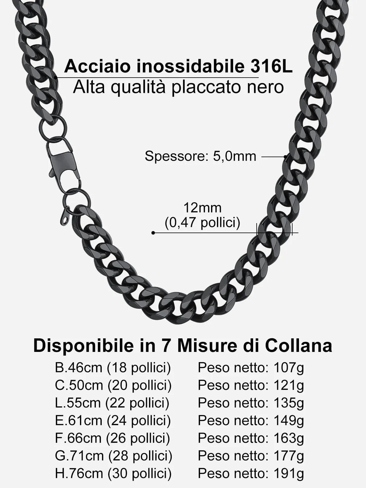 Richsteel Collana a Maglie a Catena Cubana Larghezza 3MM/6MM/9MM/12MM Lunghezza 18"/22"/26"/28"/30" Collana Unisex con Catena di Cordoli per Gioielli Placcata Oro/Nero/Acciaio Inossidabile - immagine 7