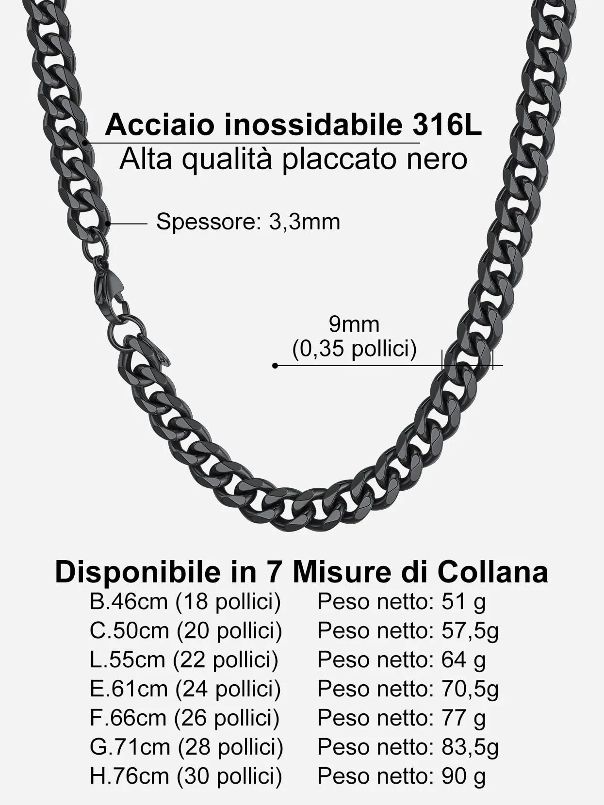 Richsteel Collana a Maglie a Catena Cubana Larghezza 3MM/6MM/9MM/12MM Lunghezza 18"/22"/26"/28"/30" Collana Unisex con Catena di Cordoli per Gioielli Placcata Oro/Nero/Acciaio Inossidabile - immagine 6