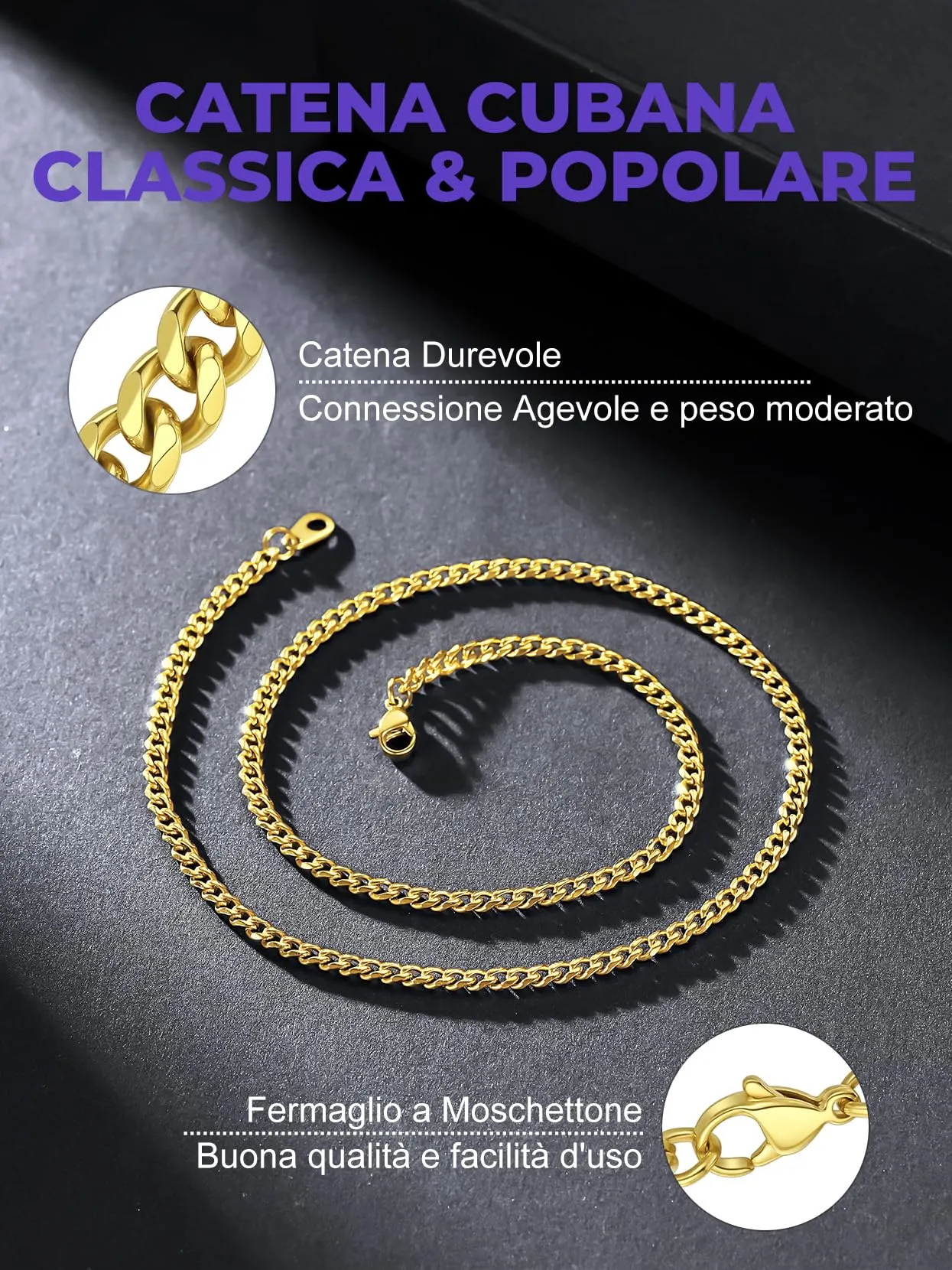 Richsteel Collana a Maglie a Catena Cubana Larghezza 3MM/6MM/9MM/12MM Lunghezza 18"/22"/26"/28"/30" Collana Unisex con Catena di Cordoli per Gioielli Placcata Oro/Nero/Acciaio Inossidabile - immagine 3