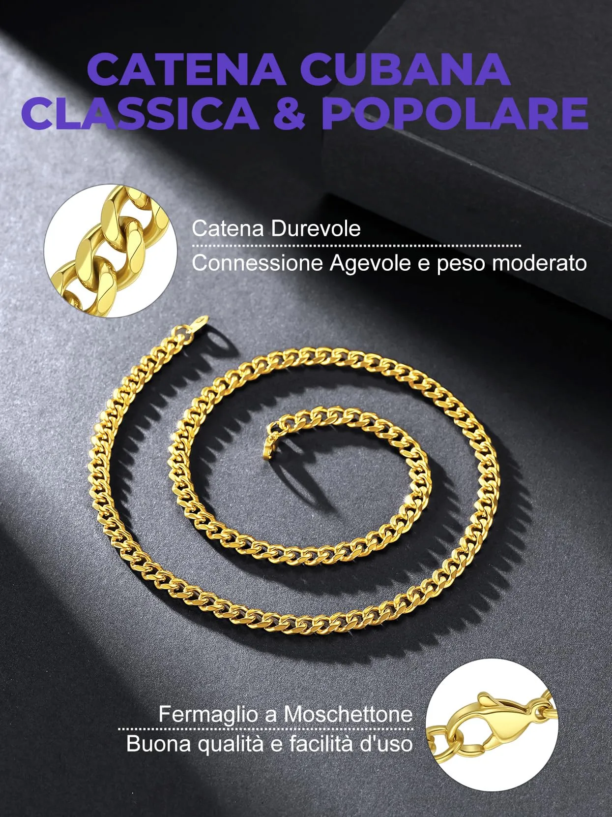 Richsteel Collana a Maglie a Catena Cubana Larghezza 3MM/6MM/9MM/12MM Lunghezza 18"/22"/26"/28"/30" Collana Unisex con Catena di Cordoli per Gioielli Placcata Oro/Nero/Acciaio Inossidabile - immagine 3