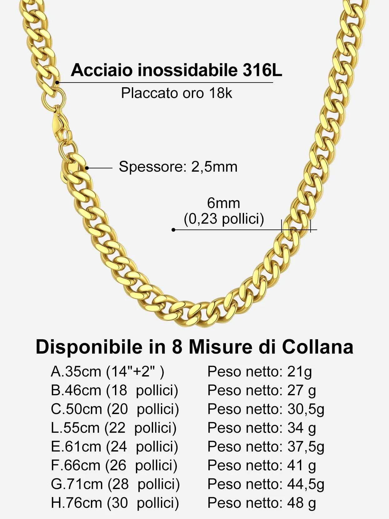 Richsteel Collana a Maglie a Catena Cubana Larghezza 3MM/6MM/9MM/12MM Lunghezza 18"/22"/26"/28"/30" Collana Unisex con Catena di Cordoli per Gioielli Placcata Oro/Nero/Acciaio Inossidabile - immagine 6