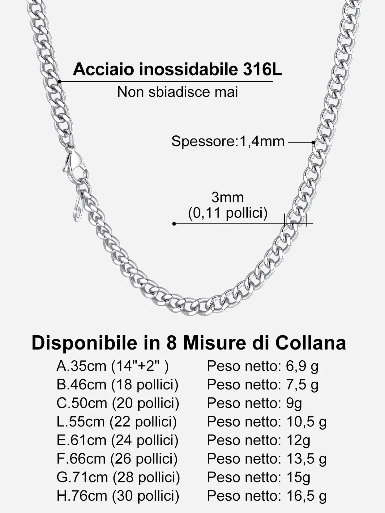 Richsteel Collana a Maglie a Catena Cubana Larghezza 3MM/6MM/9MM/12MM Lunghezza 18"/22"/26"/28"/30" Collana Unisex con Catena di Cordoli per Gioielli Placcata Oro/Nero/Acciaio Inossidabile - immagine 7