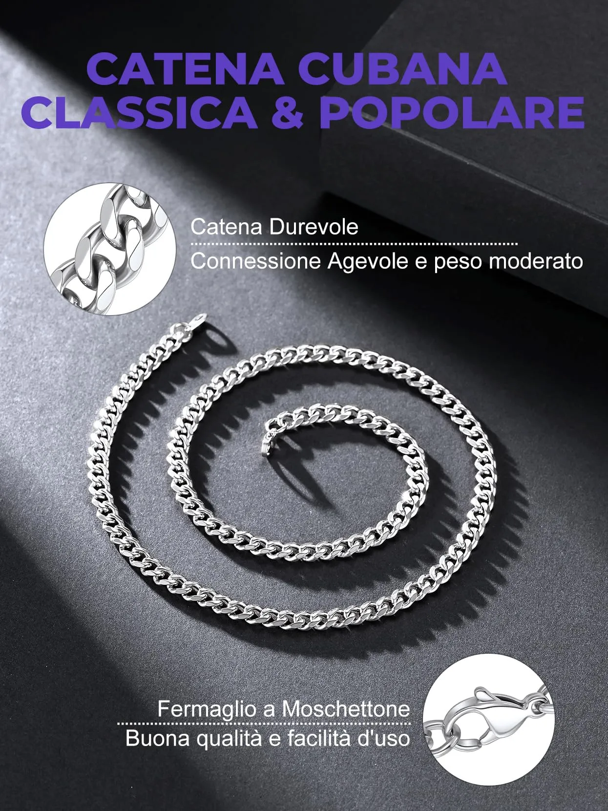 Richsteel Collana a Maglie a Catena Cubana Larghezza 3MM/6MM/9MM/12MM Lunghezza 18"/22"/26"/28"/30" Collana Unisex con Catena di Cordoli per Gioielli Placcata Oro/Nero/Acciaio Inossidabile - immagine 3