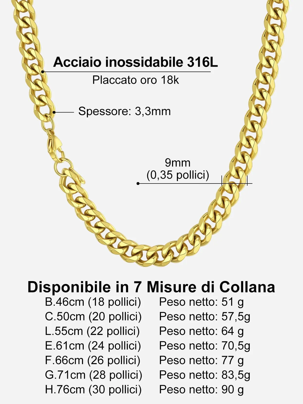Richsteel Collana a Maglie a Catena Cubana Larghezza 3MM/6MM/9MM/12MM Lunghezza 18"/22"/26"/28"/30" Collana Unisex con Catena di Cordoli per Gioielli Placcata Oro/Nero/Acciaio Inossidabile - immagine 6