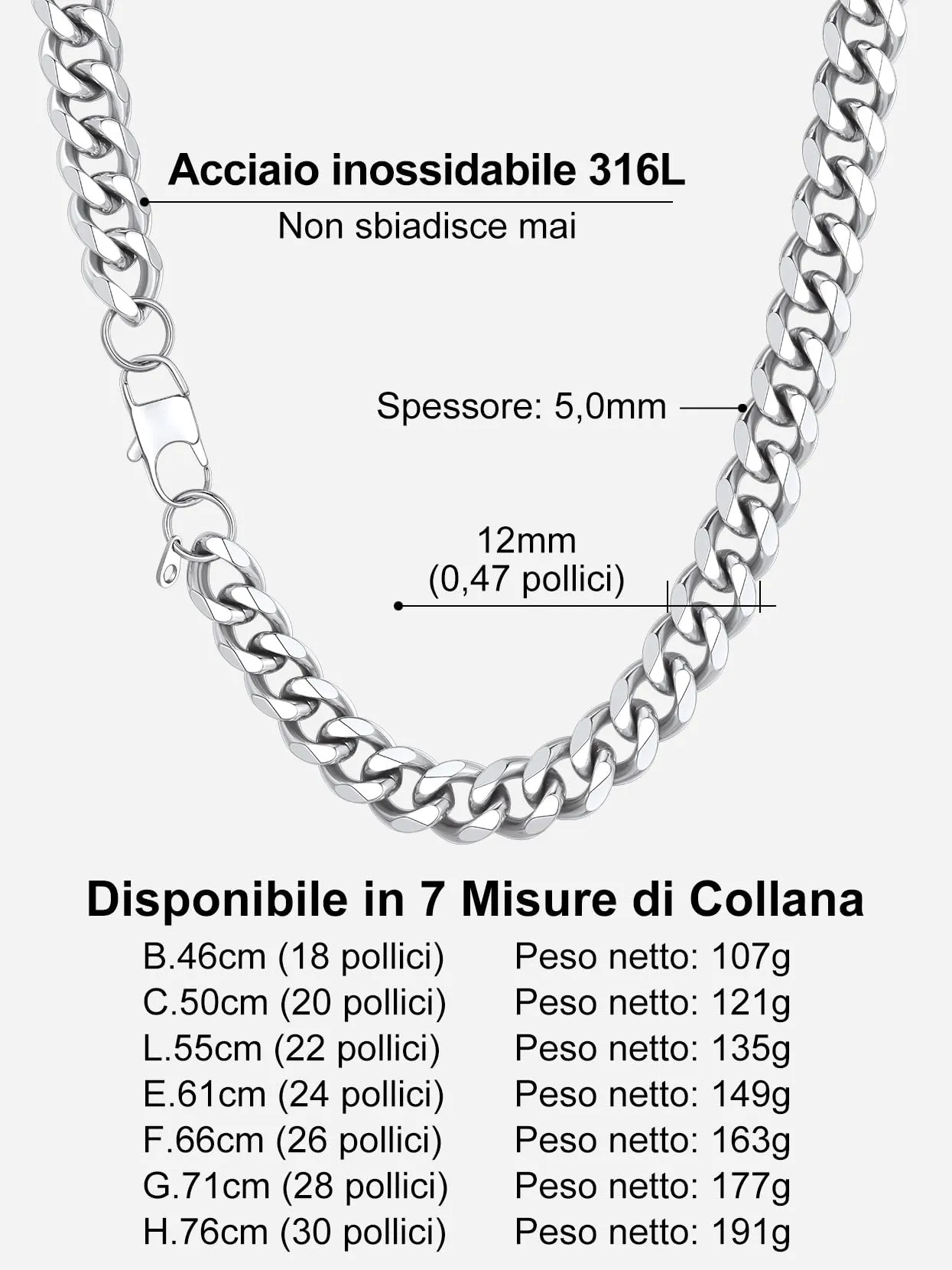 Richsteel Collana a Maglie a Catena Cubana Larghezza 3MM/6MM/9MM/12MM Lunghezza 18"/22"/26"/28"/30" Collana Unisex con Catena di Cordoli per Gioielli Placcata Oro/Nero/Acciaio Inossidabile - immagine 6