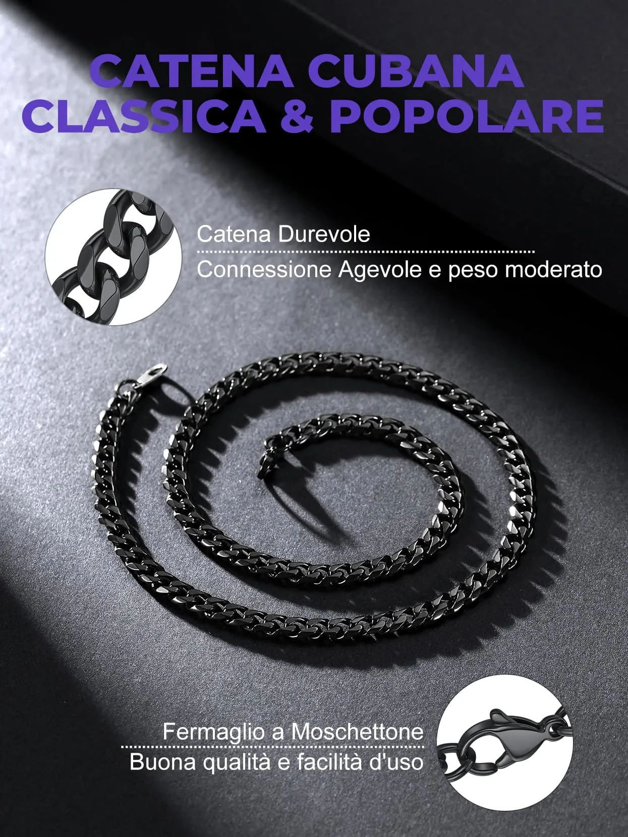 Richsteel Collana a Maglie a Catena Cubana Larghezza 3MM/6MM/9MM/12MM Lunghezza 18"/22"/26"/28"/30" Collana Unisex con Catena di Cordoli per Gioielli Placcata Oro/Nero/Acciaio Inossidabile - immagine 3