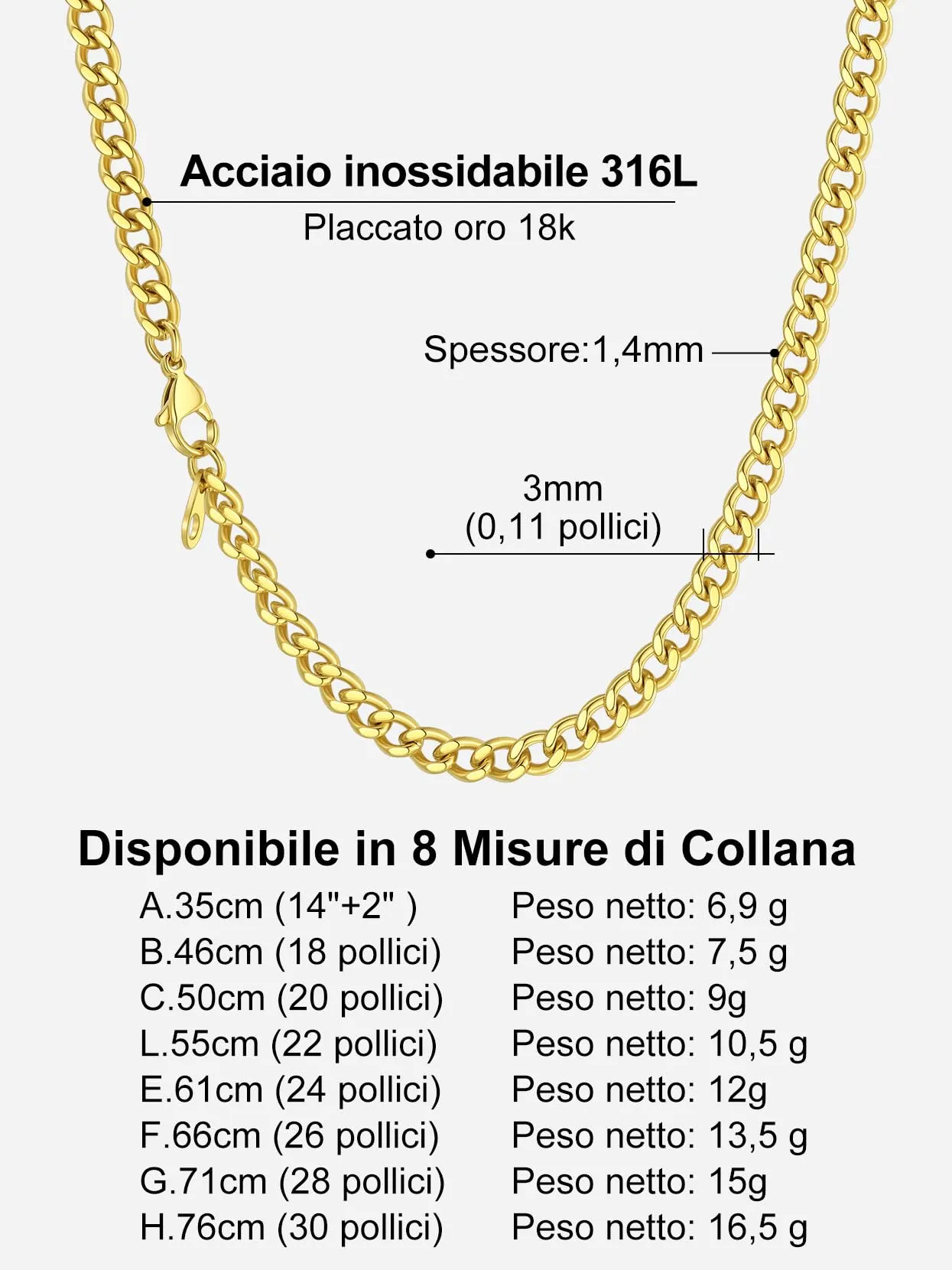 Richsteel Collana a Maglie a Catena Cubana Larghezza 3MM/6MM/9MM/12MM Lunghezza 18"/22"/26"/28"/30" Collana Unisex con Catena di Cordoli per Gioielli Placcata Oro/Nero/Acciaio Inossidabile - immagine 7
