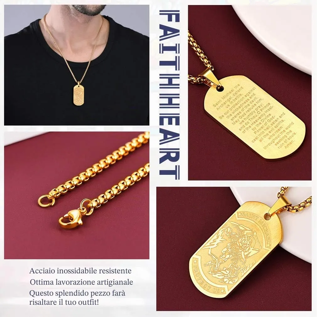 FaithHeart San Michele Santo Medaglia Collana San Micheal in Acciaio Inossidabile/Oro Placcato/Nero con Catena 55+5 cm Gioielli Religiosi Amuleto per Uomo Donna (Confezione Regalo) - immagine 5