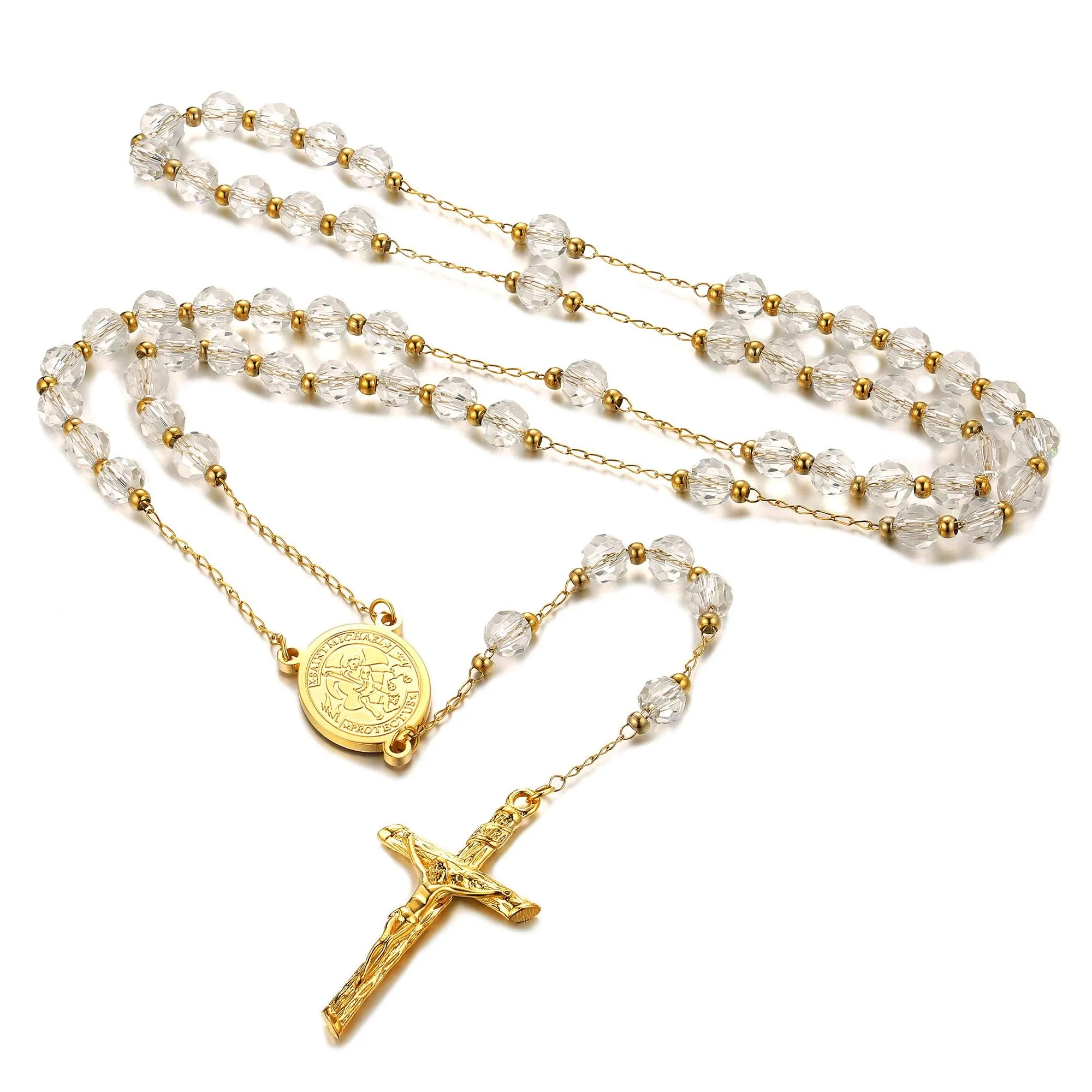 FaithHeart Collana Rosario Cristiano Medagila San Michele Argento Nero Oro Catena Lunga di Perline Preghiera 66+16 CM Collana Amuleto Gioielli Religiosi Regalo Compleanno - immagine 1