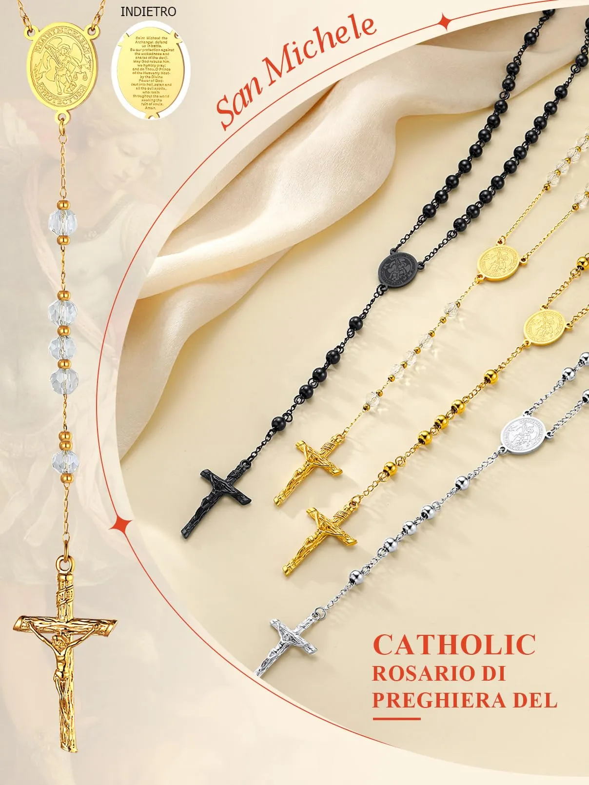 FaithHeart Collana Rosario Cristiano Medagila San Michele Argento Nero Oro Catena Lunga di Perline Preghiera 66+16 CM Collana Amuleto Gioielli Religiosi Regalo Compleanno - immagine 2