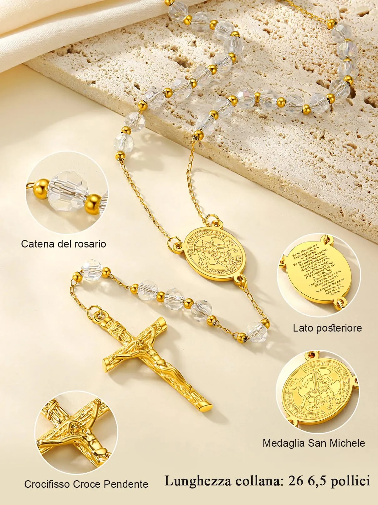 FaithHeart Collana Rosario Cristiano Medagila San Michele Argento Nero Oro Catena Lunga di Perline Preghiera 66+16 CM Collana Amuleto Gioielli Religiosi Regalo Compleanno - immagine 5