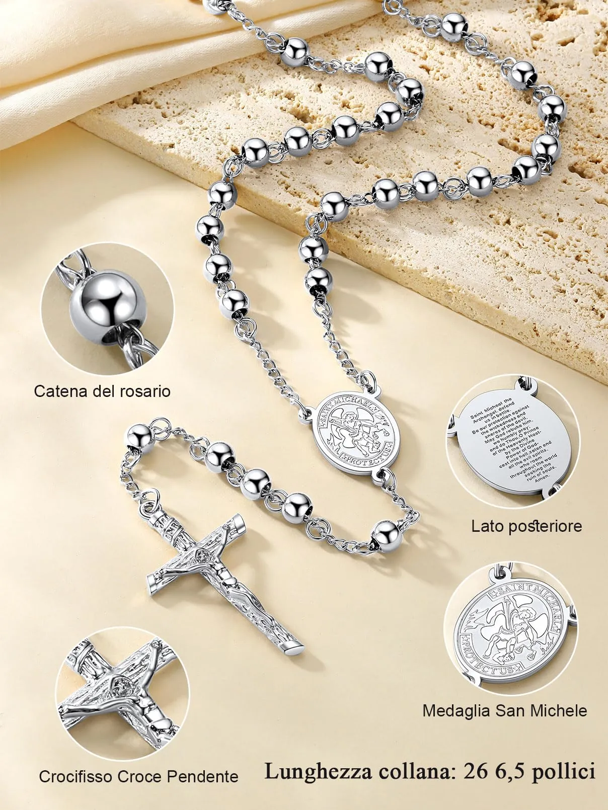 FaithHeart Collana Rosario Cristiano Medagila San Michele Argento Nero Oro Catena Lunga di Perline Preghiera 66+16 CM Collana Amuleto Gioielli Religiosi Regalo Compleanno - immagine 2