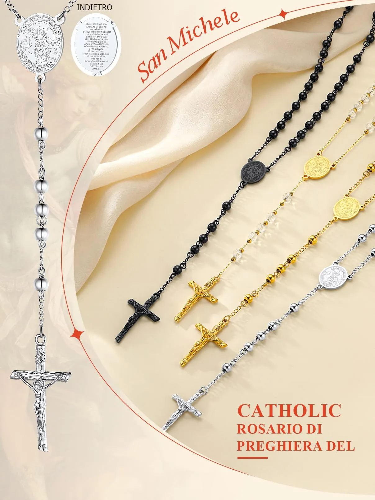 FaithHeart Collana Rosario Cristiano Medagila San Michele Argento Nero Oro Catena Lunga di Perline Preghiera 66+16 CM Collana Amuleto Gioielli Religiosi Regalo Compleanno - immagine 5