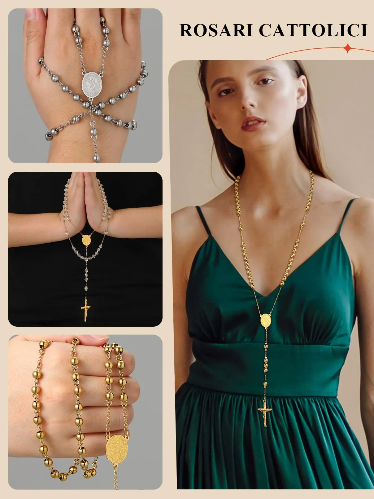 FaithHeart Collana Rosario Cristiano Medagila San Michele Argento Nero Oro Catena Lunga di Perline Preghiera 66+16 CM Collana Amuleto Gioielli Religiosi Regalo Compleanno - immagine 2